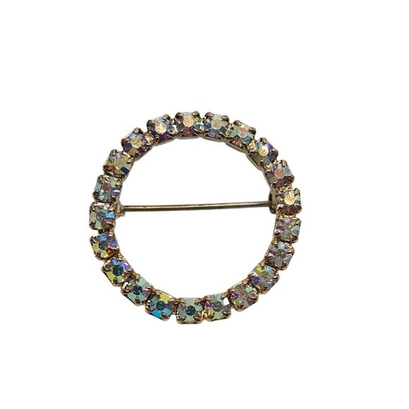 Vintage Round Aurora Borealis Rhinestone Circle Brooch Pin - Picture 1 of 4